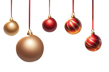 Kırmızı ve altın kurdelelerde asılı Noel süslemeleri balosu, Mutlu yıllar Noel tatili süslemeleri beyaz arka plan