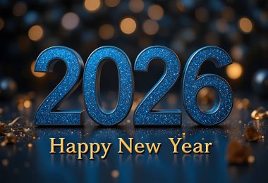 2026 yılı kutlu olsun koyu arkaplanda parlak ışıkları olan koyu mavi renkli metin, 2026, 2026 yılbaşı kutlamaları, lükslü mavi 3D