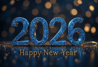 2026 yılı kutlu olsun koyu arkaplanda parlak ışıkları olan koyu mavi renkli metin, 2026, 2026 yılbaşı kutlamaları, lükslü mavi 3D