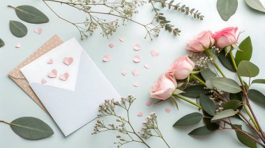 Sevgililer Günü Aşk Konsepti Romantik Tasarım, Rose ile Tebrik Kartı Arkaplanı, Romantik Şablon Mockup, Kalpli Sevgililer Günü Kartı.