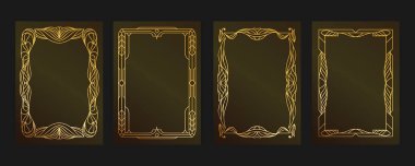 Doğrusal desenli, çizgili altın çerçeve. Altın süslemeli A4 çerçeve şablonu. Altın, mücevher çerçevesi, etiket, bölme, düğün, sertifika ile dekoratif sınır. İzole vektör kümesi.
