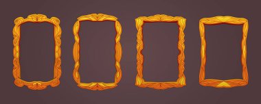 Dekoratif çerçevelerin vektör seti, antik zarif mahsuller. Oymalı ahşap işlemeli altın çerçeve. Desenli A4 çerçeve şablonu. Dekoratif geometrik süs, vektör karikatür çizimi.