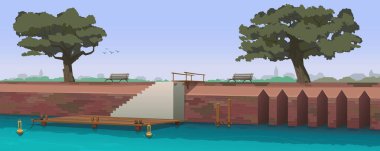 Nehir altyapısı, ahşap iskele, tuğla baraj ya da köprü, eğlence alanı ve tekne rıhtımı olan dolgu seti. Yaşlı meşe ağaçları, park yerleri ve banklar. Avrupa tarzında şehir silüeti. Vektör illüstrasyonu.