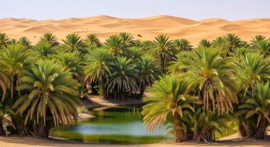 Uçsuz bucaksız bir çöl manzarasının ortasında güzel ve huzurlu bir vaha. Arka planda altın kum tepeleri olan yoğun yeşil palmiye ağaçları ile çevrili sakin bir gölet..