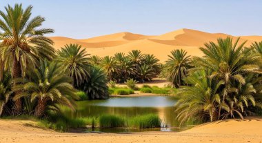 Uçsuz bucaksız çölün ortasında canlı bir vaha. Sakin bir su kütlesi çevreleyen yeşil palmiye ağaçlarını yansıtır. Berrak bir gökyüzünün altındaki sıcak, yuvarlanan kum tepeleriyle çelişir..