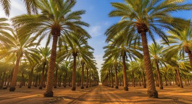 Parlak bir gökyüzü altında uzun gölgeler oluşturan uzun palmiyeler, uzak mesafelere uzanan canlı bir hurma ağacı fidanı, dingin ve pitoresk bir tarım manzarası oluşturur..