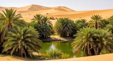 Uçsuz bucaksız Sahra Çölü 'nde yuva yapmış dingin bir vaha. Huzurlu bir su havuzunu çevreleyen canlı palmiye ağaçları altın kum tepeciklerine karşı..