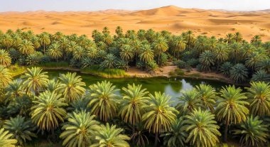 Yoğun palmiye ağaçları ve sakin bir gölü olan, berrak bir gökyüzünün altındaki engin çöl kum tepelerinin üzerine kurulmuş canlı bir vaha manzarası..