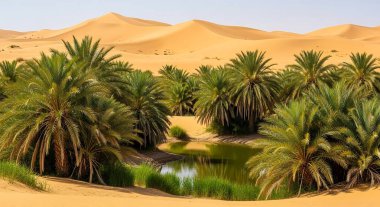 Çölün uçsuz bucaksız, altın kum tepeleri arasında, berrak gökyüzünü ve bol palmiye ağaçlarını yansıtan sakin bir havuzun olduğu canlı yeşil bir vaha gelişir..
