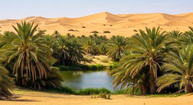 Geniş Sahra Çölü 'nde berrak bir gökyüzünün altında, altın kum tepeciklerinin arka planına kurulmuş, sayısız yeşil palmiye ağaçlarıyla çevrili, dingin bir su kütlesinin bulunduğu canlı bir vaha..