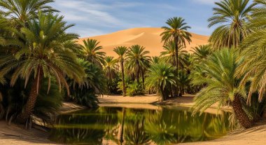 Bereketli palmiye ağaçları ile sakin suda yansıyan sakin bir çöl vahası, mavi gökyüzünün altında altın kum tepeleri tarafından destekleniyor..
