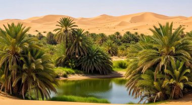 Sahra Çölü 'nde, sakin bir su kütlesini çevreleyen yemyeşil palmiye ağaçları ve arka planda kum tepecikleri bulunan canlı bir vaha..