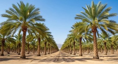 Parlak mavi gökyüzünün altında uzanan bir hurma palmiyesinin simetrik görüntüsü.