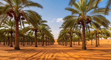 Çölde, mavi gökyüzü ve altın kumu olan sıra sıra palmiye ağaçları..