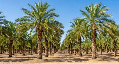 Parlak mavi bir gökyüzünün altında kumlu bir yol boyunca uzanan yüksek ağaçlı bir hurma fidanlığının simetrik görüntüsü..