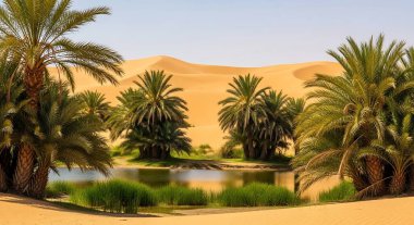 Sahra Çölü 'nde sakin bir vaha, küçük bir su kütlesini çevreleyen yemyeşil palmiye ağaçları, altın kum tepelerinin üzerine kurulmuş..
