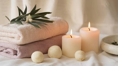 Havlular, mumlar ve çiçeklerle dolu bir spa.
