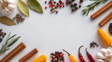 Beyaz arkaplanda yemek pişirmek için baharat içeren çerçeve