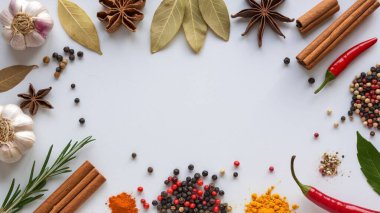 Beyaz arka planda yemek pişirmek için çeşitli baharatlar ve malzemeler..