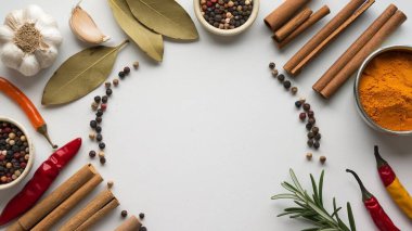 Beyaz arkaplandaki kaşıklardaki çeşitli baharatların üst görünümü ve metin için boşluk