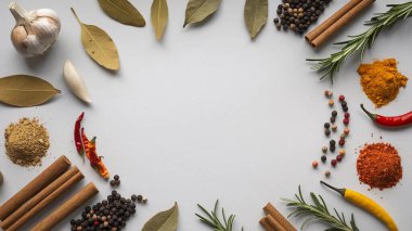 Çeşitli baharatlar, üst görünüm. Düz yatış, yukarıdan çekim