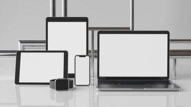 Beyaz arka planda beyaz beyaz ekranlı bir cep telefonunun model ekranı. Modern ofis masası. 3d oluşturma