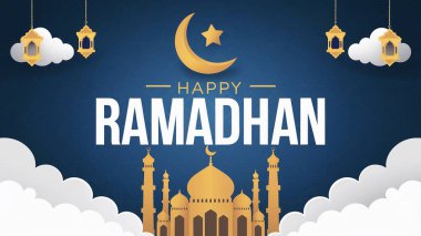 Ramazan Mübarek 'in içinde cami ve fenerler olan tebrik kartı.