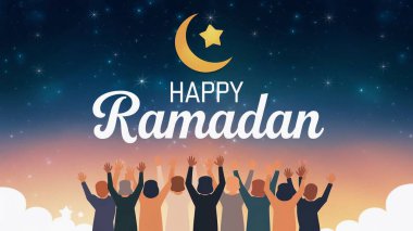 Ramazan Kareem ay, yıldızlar ve hilal ile selamlıyor.