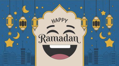 Aylı ve yıldızlı mutlu bir Ramazan Kareem bayrağının vektör çizimi.