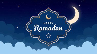 Ramazan Kareem, cami, hilal ve yıldızlarla selamlaşma, vektör illüstrasyonu