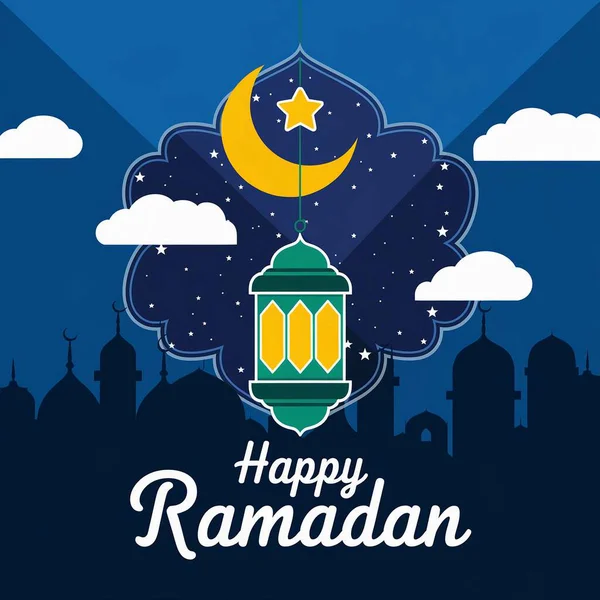 Mübarek bayramın kutlu olsun. Ay, cami, cami ve fenerle birlikte.