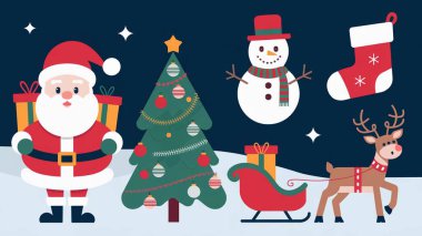 Noel Baba ve geyikli Noel kartı. Mutlu noeller. vektör illüstrasyonu.