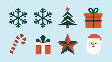 Mavi arka planda bir dizi noel süsü, düz tasarım. vektör illüstrasyonu