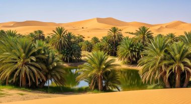 Palmiye ağaçları, kum tepeleri, kum ve palmiye yapraklarıyla güzel bir çöl manzarası.