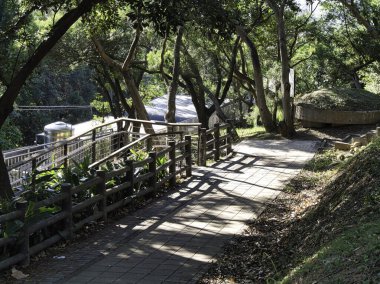 Bereketli yeşil bir ormanın içinden geçen benekli güneş ışığının olduğu beton bir yol, modern metal korkuluklar ve yan taraftaki ahşap çitlerle. Doğa yürüyüşü, açık hava sükuneti, orman p