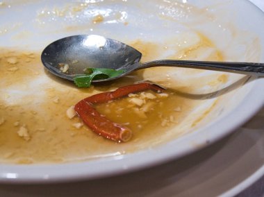 Kirli tabak, bir kaşık ve beyaz bir tabakta arta kalan yemek. Atıklar, yemek artıkları, yemek sonrası dağınıklığı..