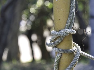 Beyaz ve yeşil yamalı kalın, yıpranmış bir ip, sarı bir direğin etrafına güvenli bir şekilde bağlanmış, yeşil yaprakların bulanık arka planına kurulmuş,.