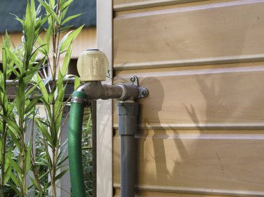 Açık deniz musluğu, yeşil bahçe hortumuyla bej kaplamalı dış duvara bağlanmış, yemyeşil yeşillik ve bambu bitkilerinin yanında..