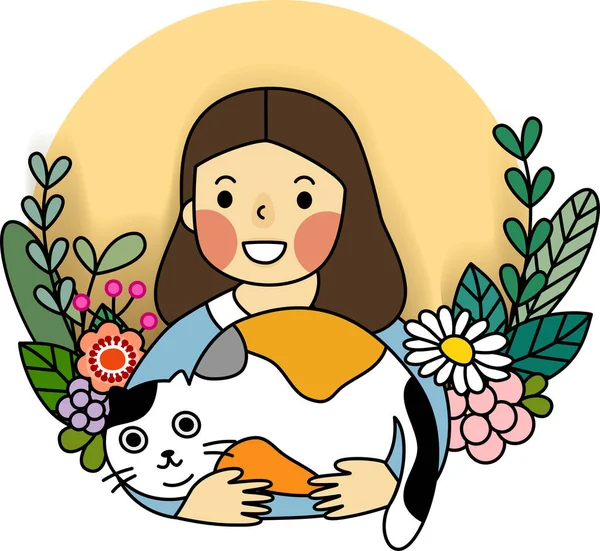 Sevimli bir kız grubu ve onun sevimli kucaklamasında kedi.