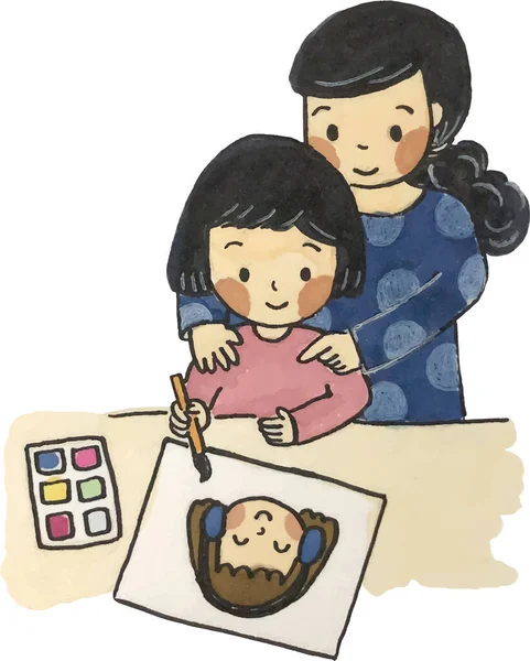 Bir grup tatlı anne ve kız sulu renk dokusuyla resim çiziyor ve boyuyor..