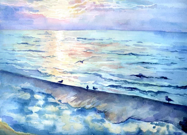 Handgjord Akvarell Illustration Seascape Vid Solnedgången Bilden Målad Med Akvareller — Stockfoto