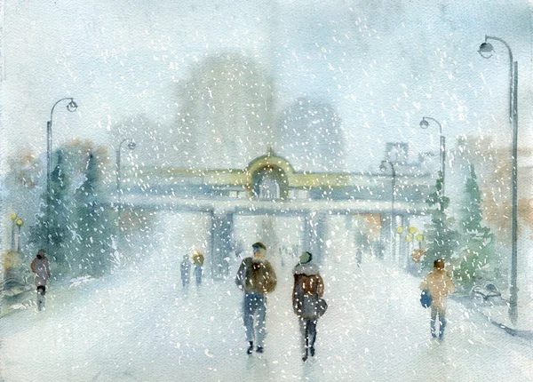 Handgjord Akvarell Illustration Som Föreställer Stad Vintern Snöfall Staden — Stockfoto