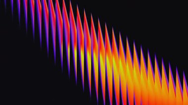 Gökkuşağı cam gradyanı, köşegen çizgili parlak cam dalgaları, koyu arkaplanda yoğun sarı, turuncu, kırmızı, pembe ve mor spektrum, yüksek kontrastlı parlak fütüristik hareket tasarımı.