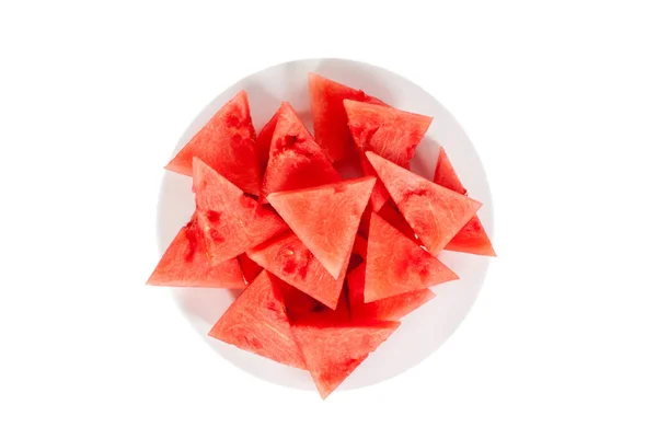Beaucoup Petites Tranches Triangulaires Pastèque Rouge Mûre Sur Une Assiette — Photo