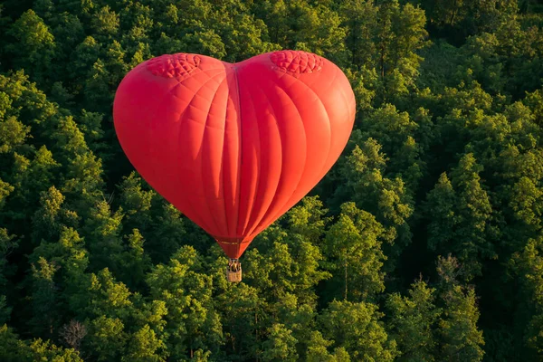 Red Heart Shaped Balloon Flies Air Background Green Forest View — Stock Photo, Image