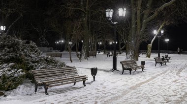 Boş ahşap bankları, parlayan sokak lambaları ve karla kaplı zemini olan bir şehir parkında huzurlu bir kış gecesi sahnesi. Soğuk mevsimde sakin şehir manzarası.