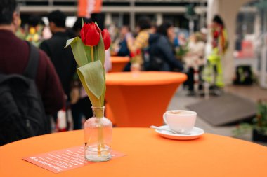 Berlin, Almanya - 14 Mart 2026: Turuncu bir bahar çiçek etkinliği sırasında küçük cam bir vazoda iki kırmızı lale, arka planda ziyaretçiler ve içecekler bulanıklaştı.