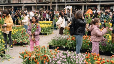 Berlin, Almanya - 14 Mart 2026: Aileler ve ziyaretçiler, Berlin 'in orta kesimindeki bir bahar çiçek etkinliği sırasında renkli lale yataklarında yürürken, yoğun kamu çiçeklerinin bulunduğu bölgede taze toplanmış çiçekleri taşıyorlar..