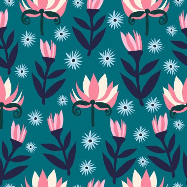 Dalların üzerinde pembe, sarı ve küçük mavi çiçekli lacivert çiçek desenleri. Tekstil, kırtasiye, ev dekorasyonu, ambalaj kağıdı ve dijital arka planlar için mükemmel..