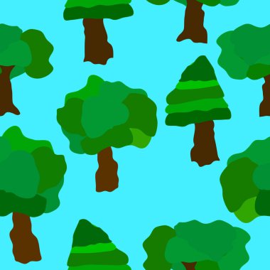 Mavi arka planda yeşil ağaçlar, kusursuz desen. Mavi arka planda, pürüzsüz desenli, basit, yeşil ağaçlar. Tekstil, kumaş, duvar kağıdı, arka plan ve daha fazlası için iyidir..